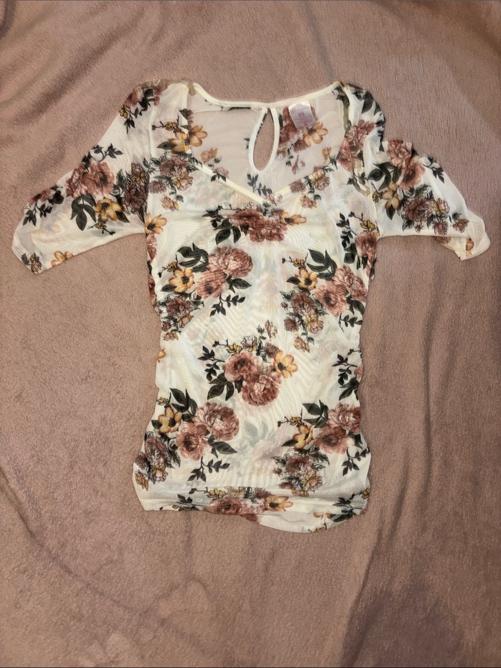 Floral V-Neck Short Sleeve sheer Top in Cream and Brown